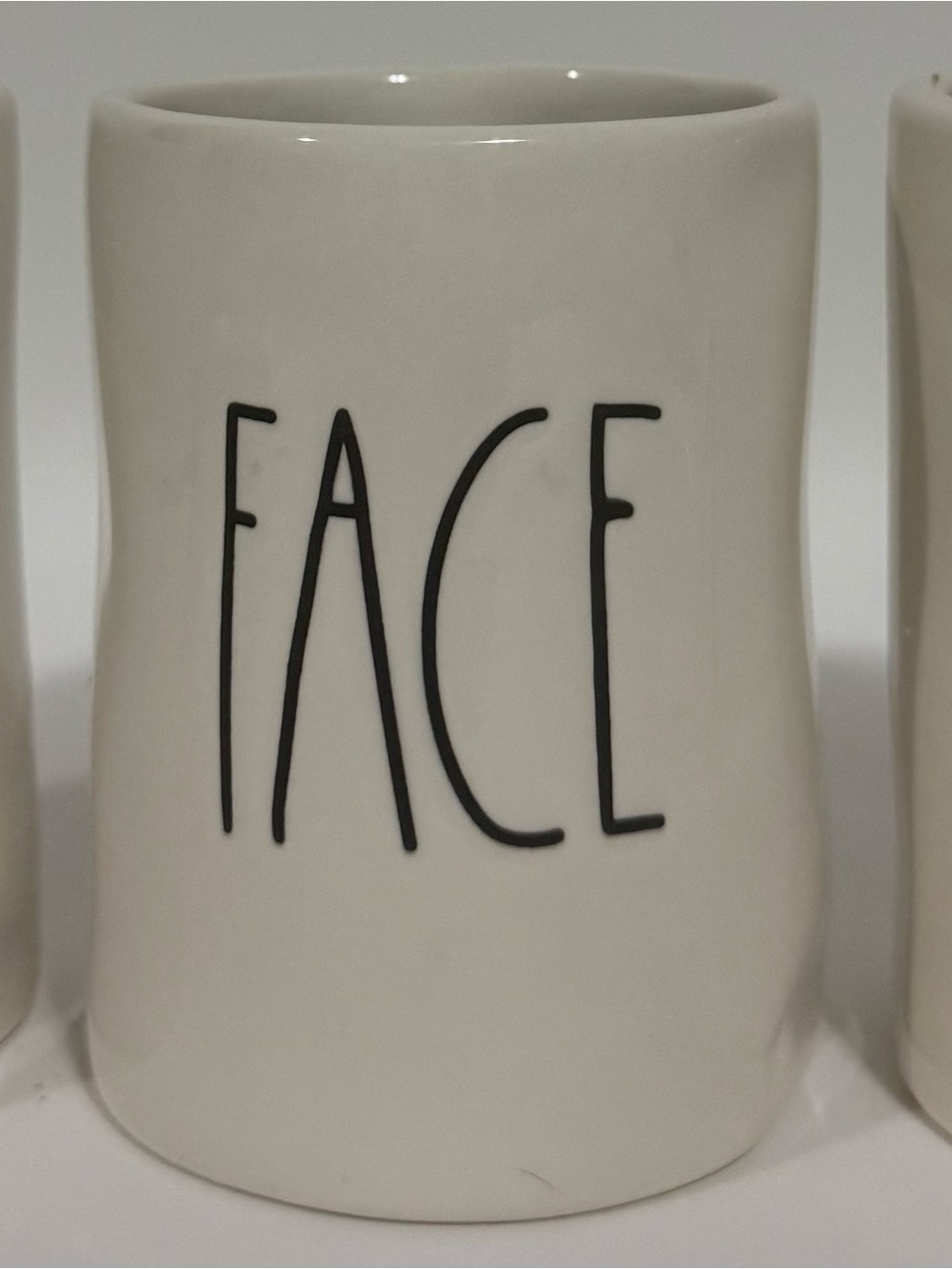 Rae Dunn HAIR FACE NAILS Cosmetic Organizer 3 Cup Vanity Set White Ceramic